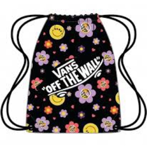 VANS Benched Bag Drawstring Backpack Unisex Shoulder Bag Black Floral Smiley - Picture 2 of 11